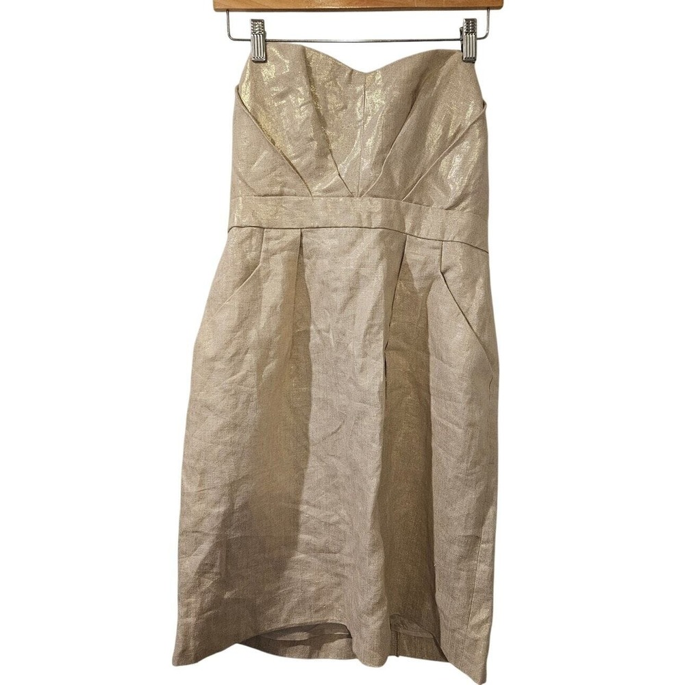Shoshanna Gold Shimmer Dress 100% linen Size 8‎ Strapless Shift NWT Vintage